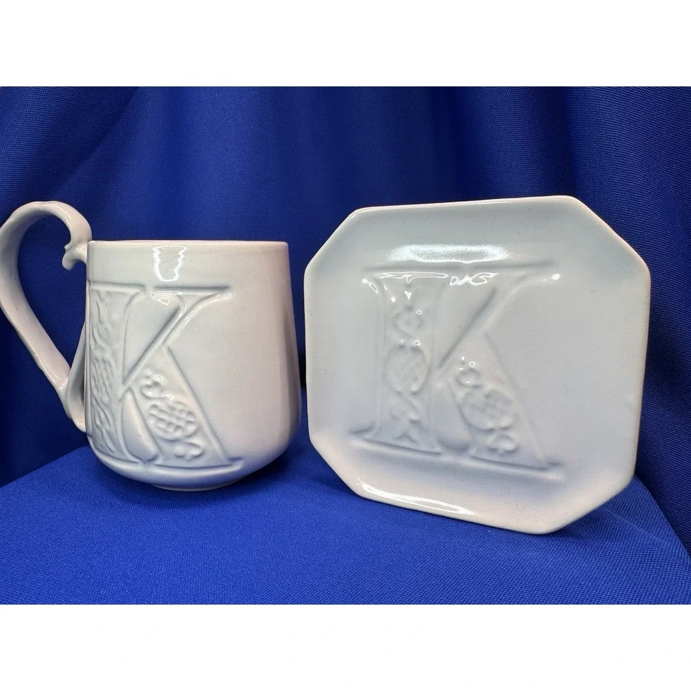 Pottery Barn A ~ Z Mug Monogram K Cream Ceramic Mug And Tidbit Plate EUC!